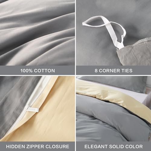 SAPHREAS Grey Duvet Cover Queen 3Pcs Cotton Set