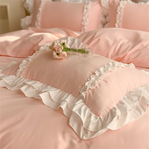 Chic Lace Bedding Set 3 Layers Ruffles Zipper Closure Pink Twin