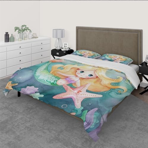 HOBBOY Kids Duvet Cover Set with Little Mermaid Pattern