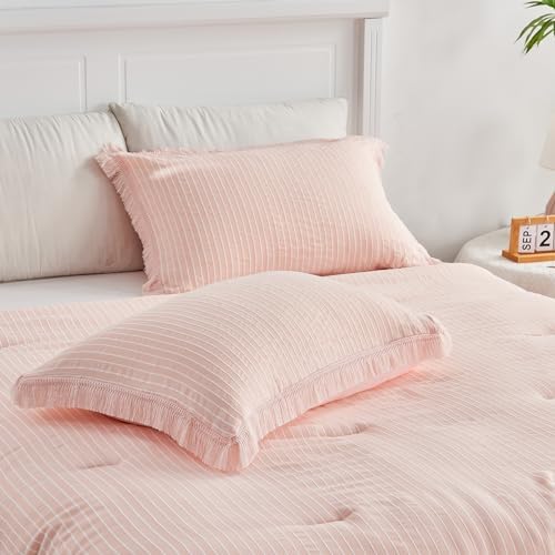 DECMAY Light Pink Twin Comforter Set with Tassels and Pillowcase