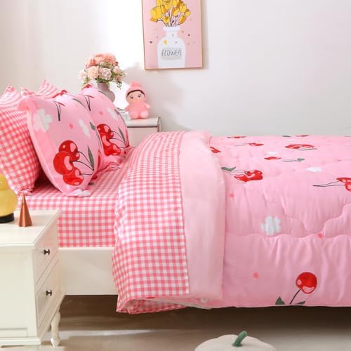 Gusuhome Girls Pink Cherry Comforter Bedding Set 7 Piece