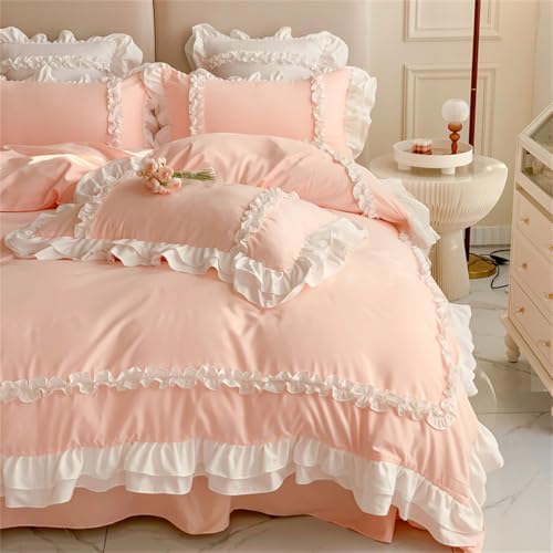 Chic Lace Bedding Set 3 Layers Ruffles Zipper Closure Pink Twin