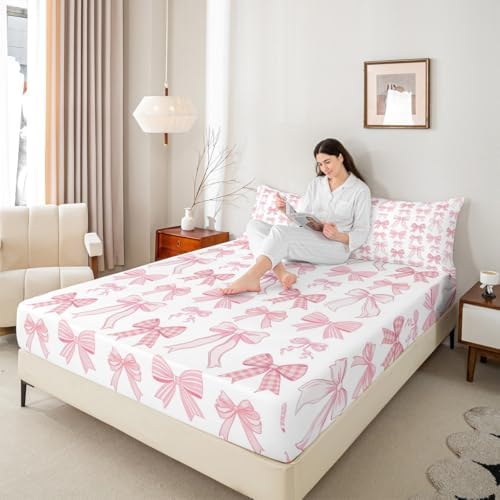 Manfei Kawaii Pink Bow Tie Sheet Set Twin Size