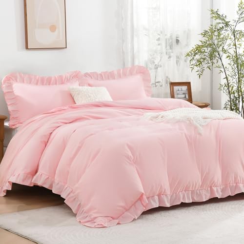 Andency Pink Duvet Cover Set with Ruffle