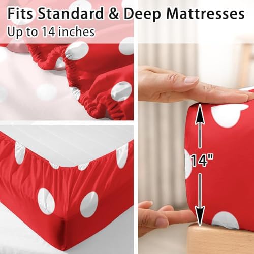 Pamnest Full Size Bed Sheet Sets with Red Polka Dot Design
