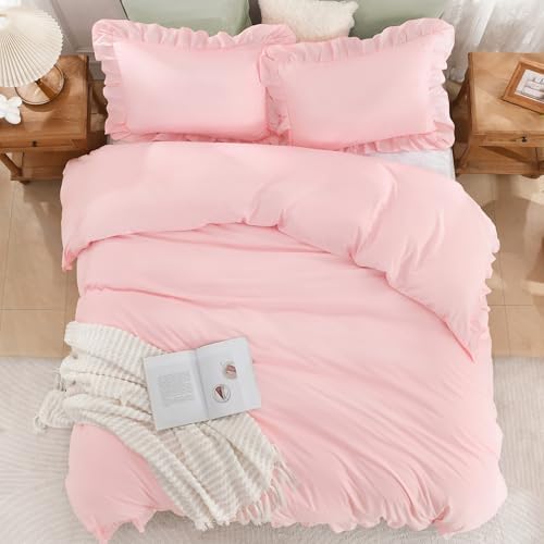 Andency Pink Duvet Cover Set with Ruffle