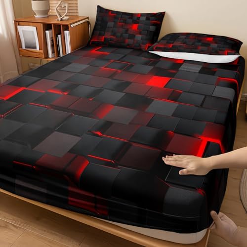 Nttopship Geometric Red Black Microfiber Sheet Set for Kids