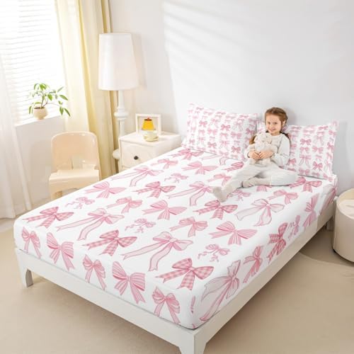 Manfei Kawaii Pink Bow Tie Sheet Set Twin Size