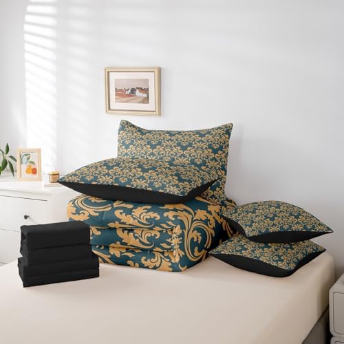 Erosebridal Damask Comforter Set Twin - Golden Teal 1