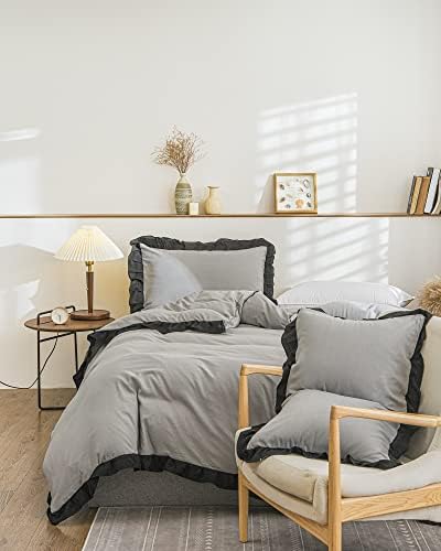 Bedorm Grey Duvet Cover Set with Black Ruffle