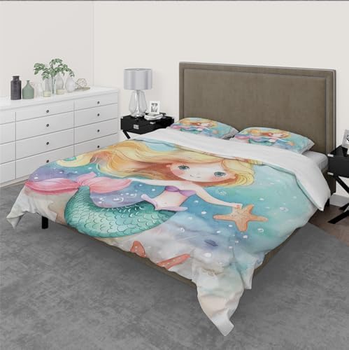 HOBBOY Cartoon Kids Duvet Cover Set with Little Mermaid Pattern
