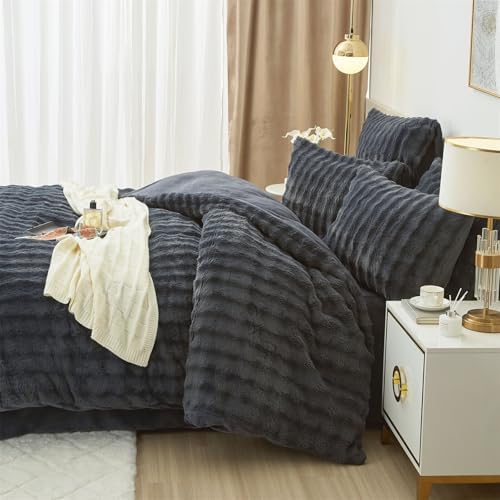 YASMENG Fluffy Faux Rabbit Fur Duvet Cover Set Queen Size Grey