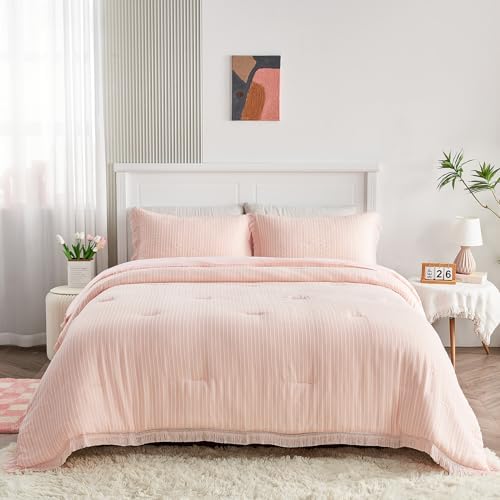 DECMAY Light Pink Twin Comforter Set with Tassels and Pillowcase