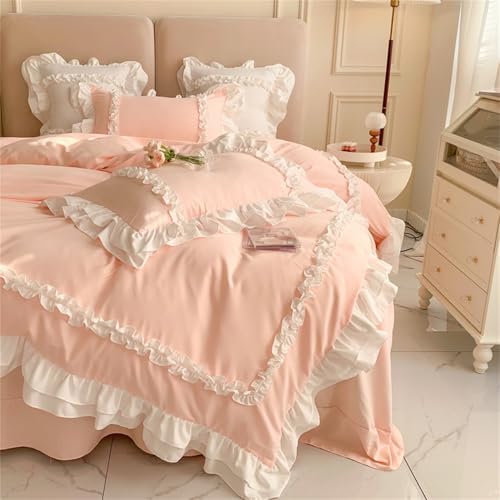 Chic Lace Bedding Set 3 Layers Ruffles Zipper Closure Pink Twin