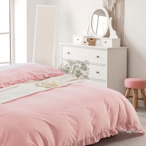DAUAOTO Duvet Cover Set with Ruffle 100 Cotton Checkered Gingham Pink