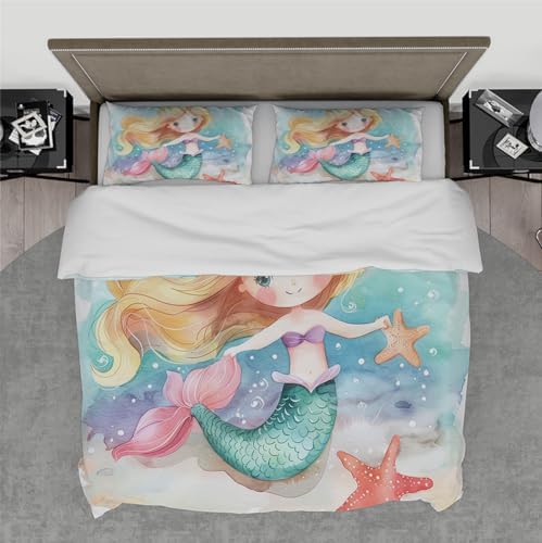 HOBBOY Cartoon Kids Duvet Cover Set with Little Mermaid Pattern