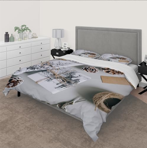 RIVINE White Duvet Cover Set 3 Pieces Christmas Pine Design