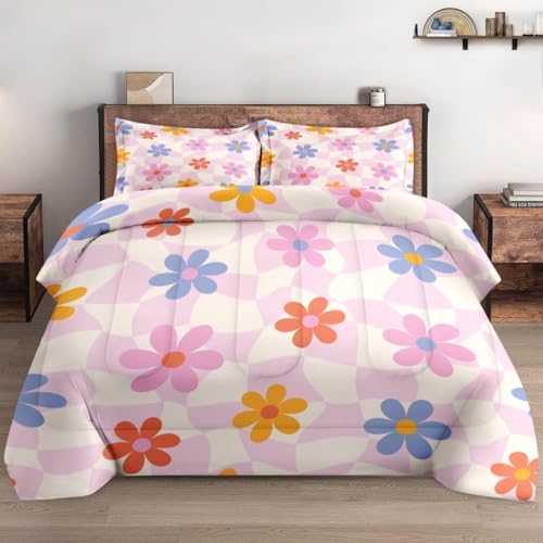 Pamnest Comforter Set Full Size Retro Daisy Pink 3 Pcs