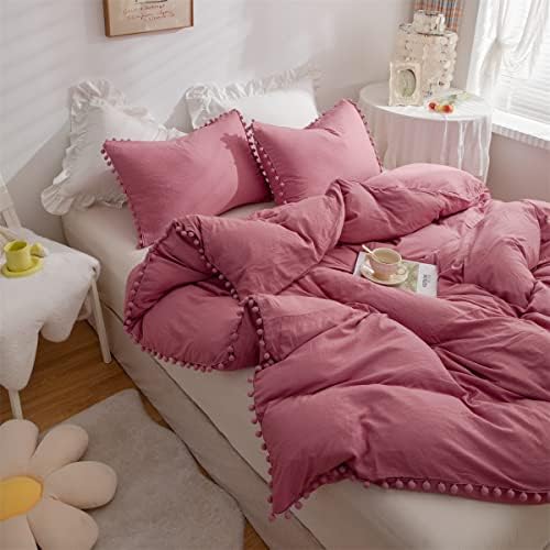 IHOUSTRIY Duvet Cover Set Twin Size with Pom Poms and Zipper
