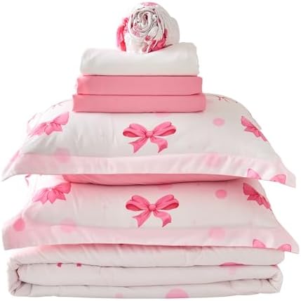 Wajade 7-Piece Pink Bow Comforter Set for Girls
