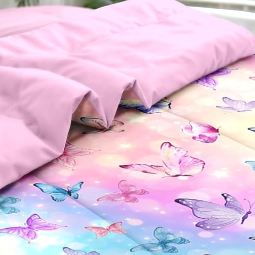 Pink Blue Butterfly Comforter Set Twin Size 5 Pcs