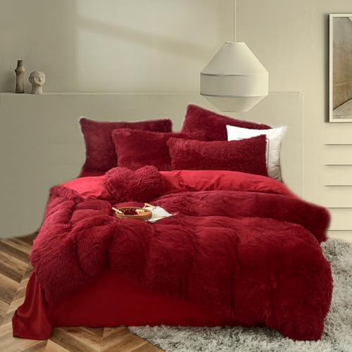 MorroMorn Luxury Shag Fluffy Duvet Cover Set - 5 Pcs Red