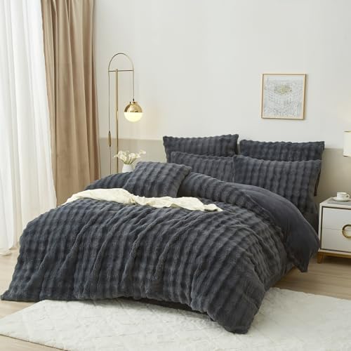 YASMENG Fluffy Faux Rabbit Fur Duvet Cover Set Queen Size Grey