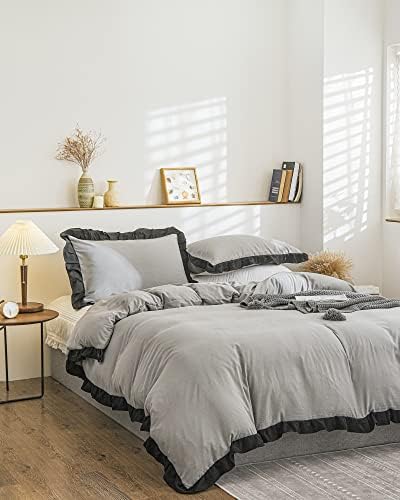 Bedorm Grey Duvet Cover Set with Black Ruffle