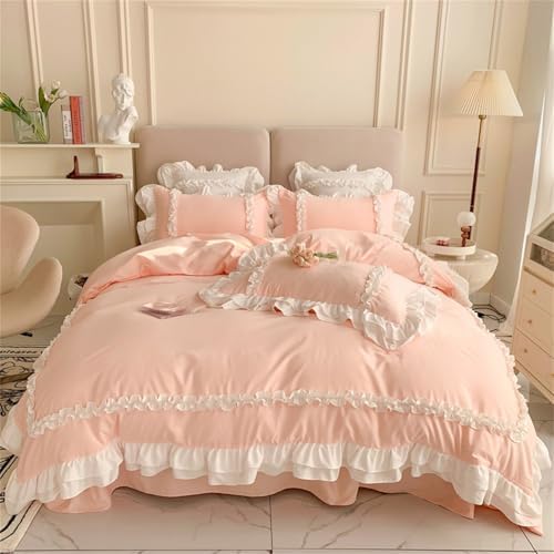 Chic Lace Bedding Set 3 Layers Ruffles Zipper Closure Pink Twin