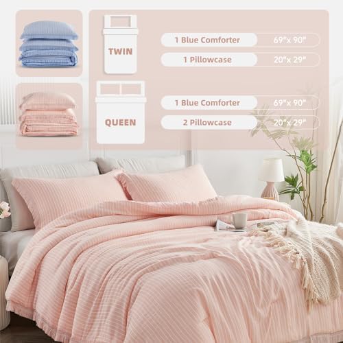 DECMAY Light Pink Twin Comforter Set with Tassels and Pillowcase