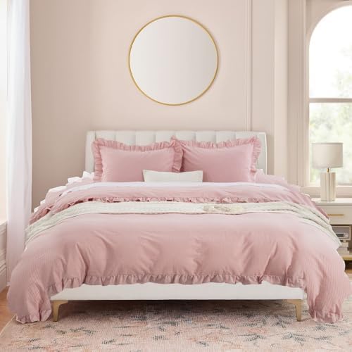 DAUAOTO Duvet Cover Set with Ruffle 100 Cotton Checkered Gingham Pink