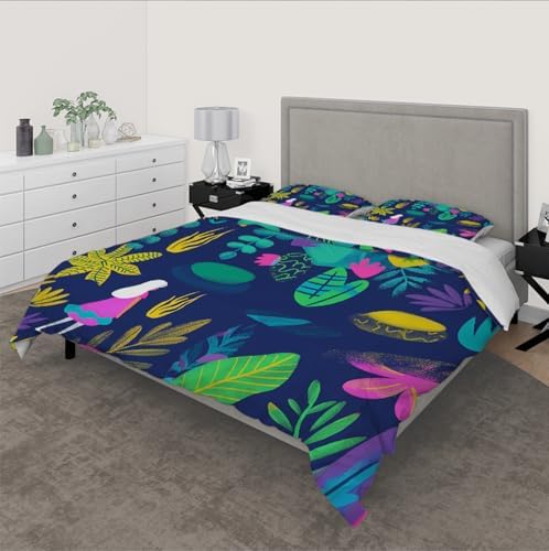 LINGINkevin Cute Cartoon Tropical Plants Duvet Cover Set 3 Piece