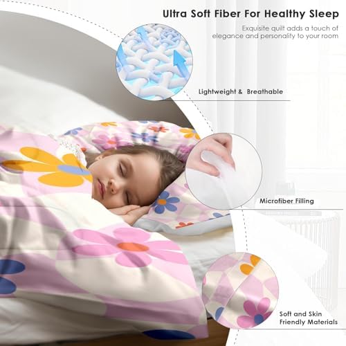 Pamnest Comforter Set Full Size Retro Daisy Pink 3 Pcs
