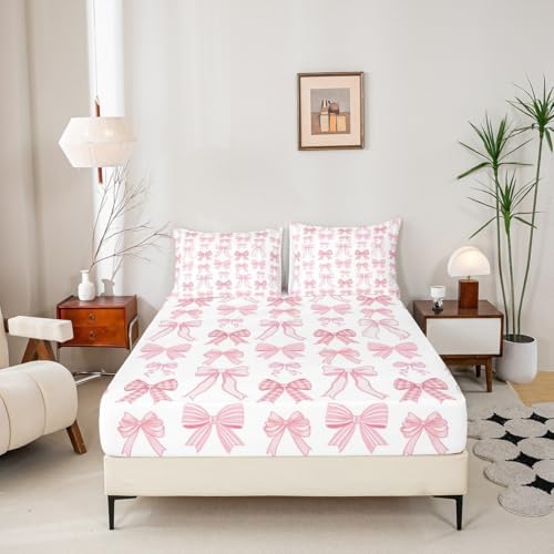 Manfei Kawaii Pink Bow Tie Sheet Set Twin Size