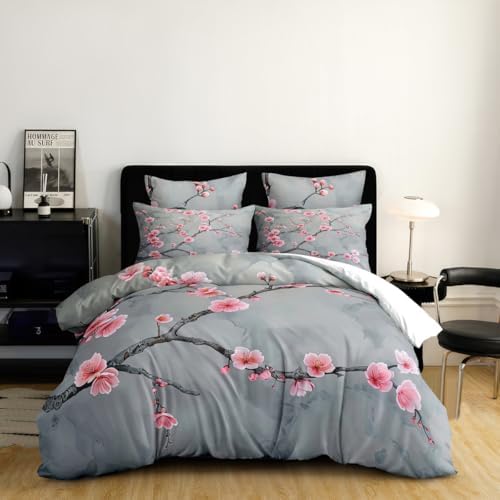 CCoutueChen Grey Pink Cherry Blossom Duvet Cover Set