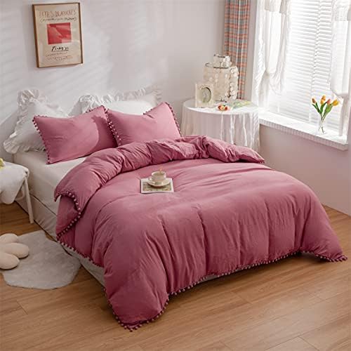 IHOUSTRIY Duvet Cover Set Twin Size with Pom Poms and Zipper