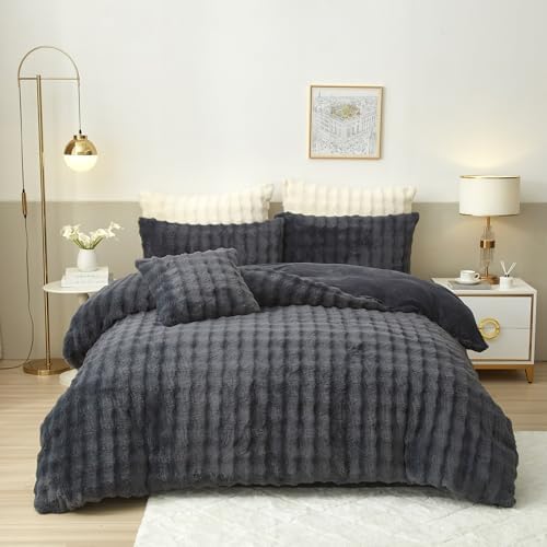 YASMENG Fluffy Faux Rabbit Fur Duvet Cover Set Queen Size Grey