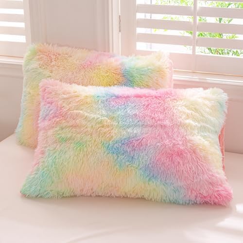 ZRNBAST Shaggy Duvet Cover Set Twin Rainbow Tie Dye Faux Fur 1