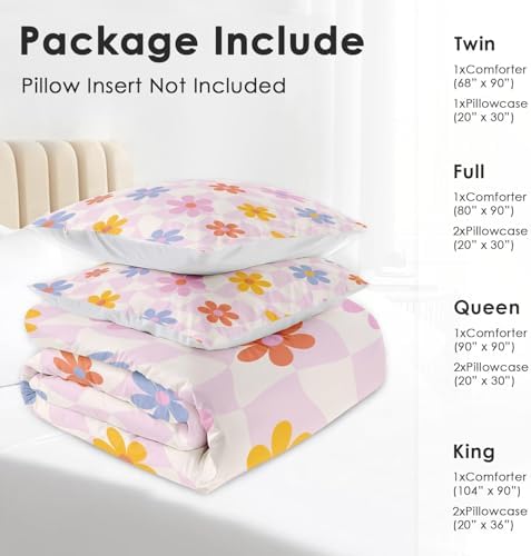 Pamnest Comforter Set Full Size Retro Daisy Pink 3 Pcs