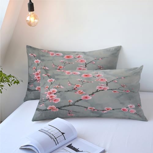 CCoutueChen Grey Pink Cherry Blossom Duvet Cover Set