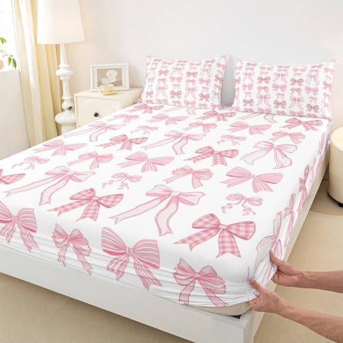 Manfei Kawaii Pink Bow Tie Sheet Set Twin Size