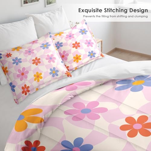 Pamnest Comforter Set Full Size Retro Daisy Pink 3 Pcs
