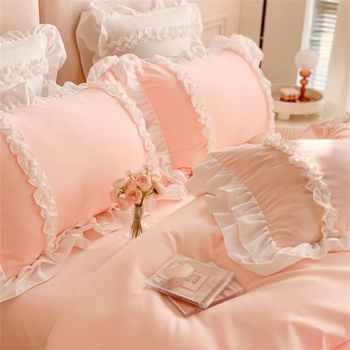 Chic Lace Bedding Set 3 Layers Ruffles Zipper Closure Pink Twin