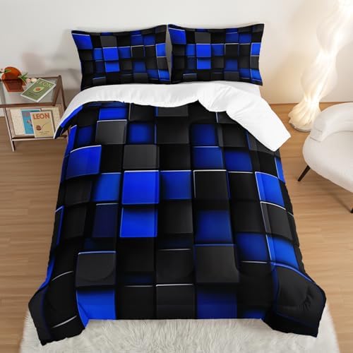 UEVBF Blue Black Honeycomb Comforter Set