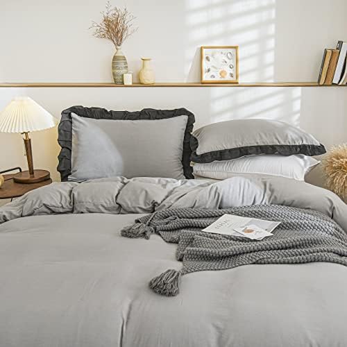 Bedorm Grey Duvet Cover Set with Black Ruffle