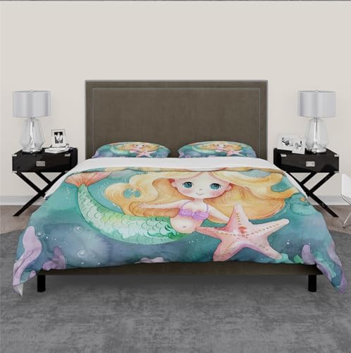HOBBOY Kids Duvet Cover Set with Little Mermaid Pattern
