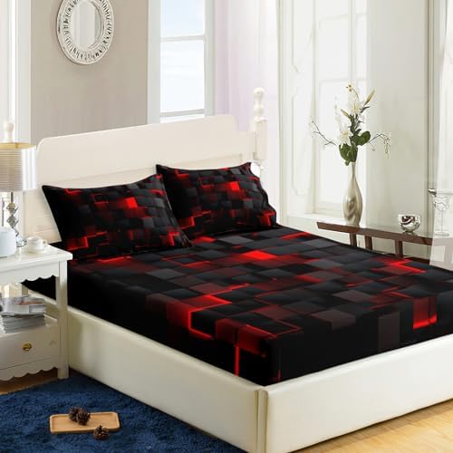 Nttopship Geometric Red Black Microfiber Sheet Set for Kids