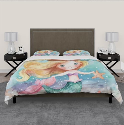HOBBOY Cartoon Kids Duvet Cover Set with Little Mermaid Pattern