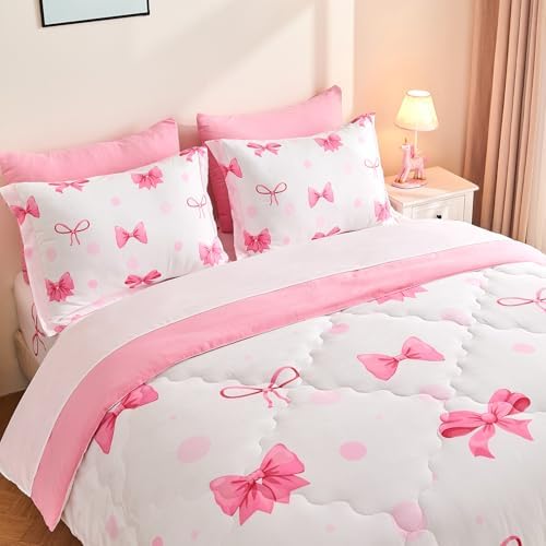 Wajade 7-Piece Pink Bow Comforter Set for Girls