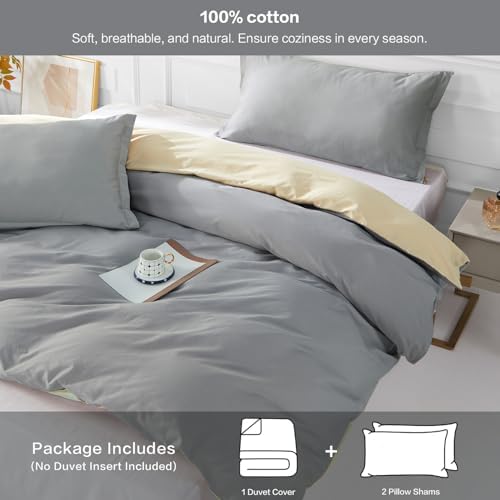 SAPHREAS Grey Duvet Cover Queen 3Pcs Cotton Set